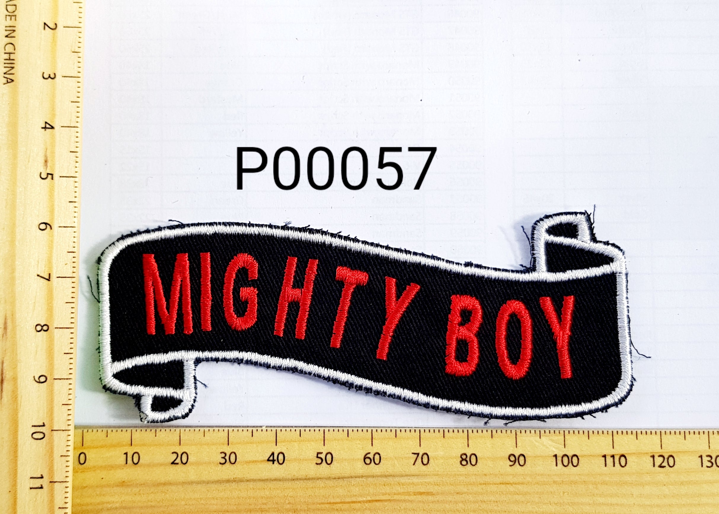 P00057 Mighty Boy Scroll Iron On Cloth Patch