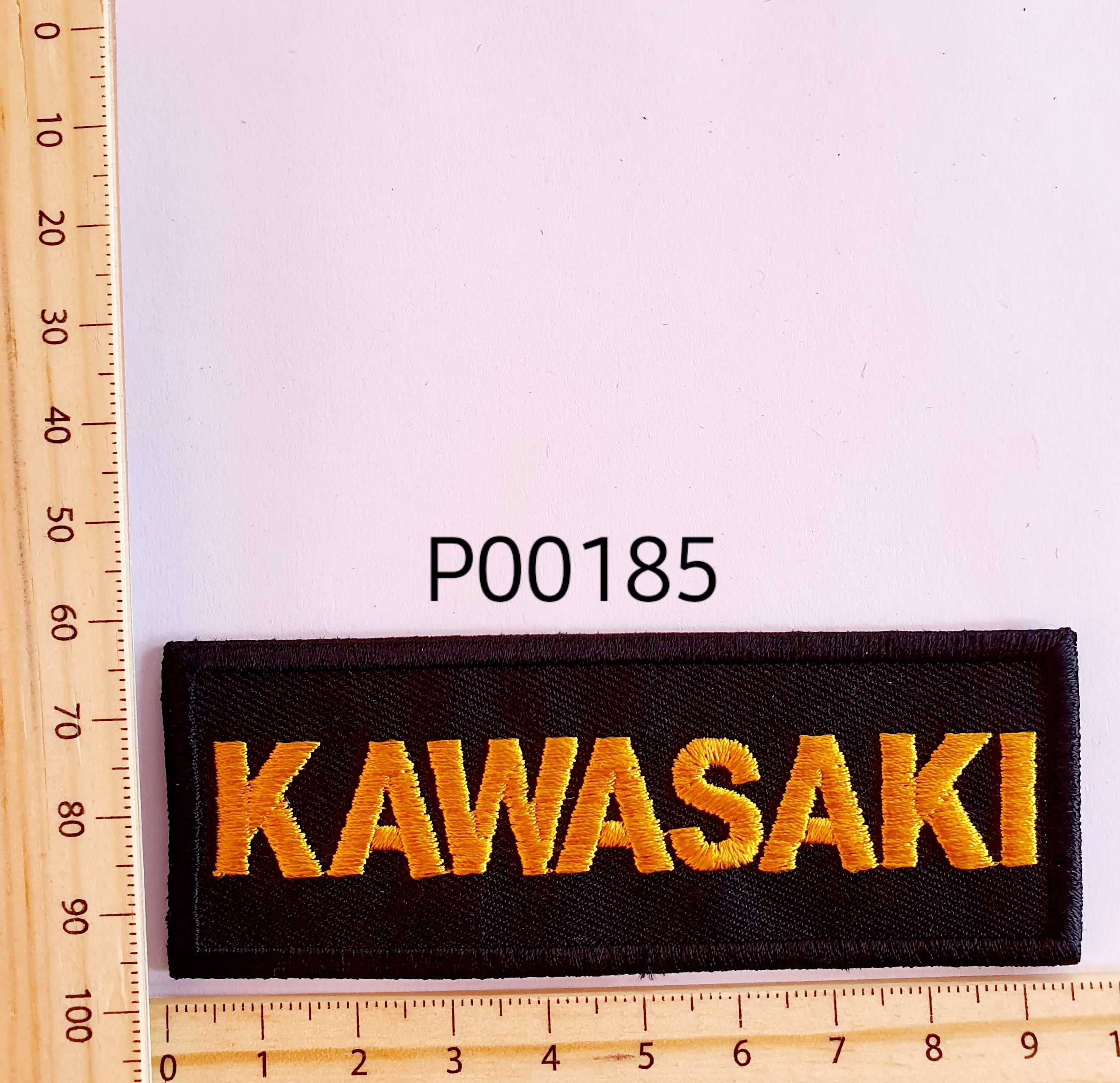 P00185 Kawasaki Gold Rect Iron On Cloth Patch