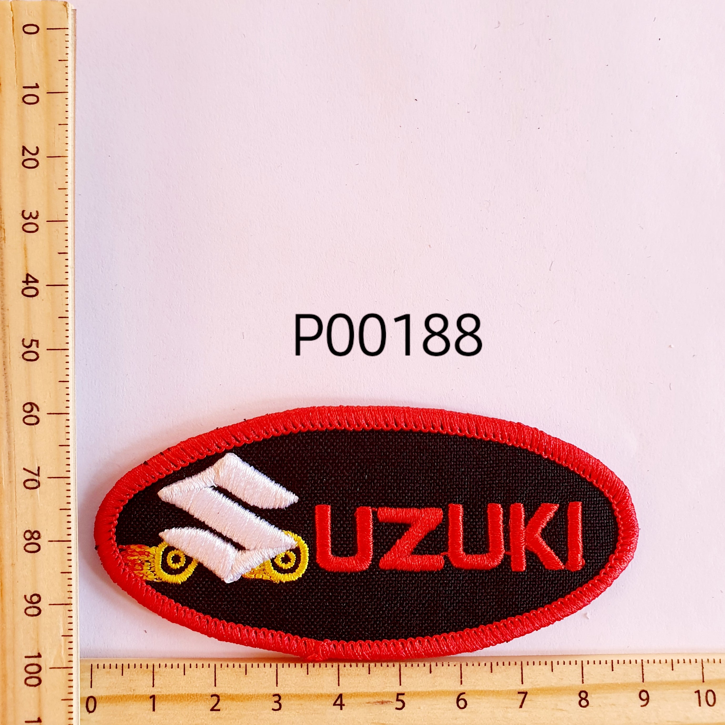 P00188 Suzuki Oval Wheels Iron On Cloth Patch