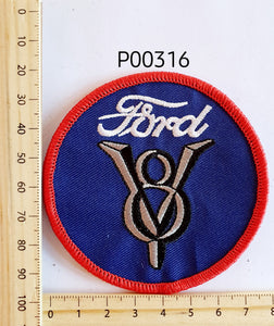 P00316 Ford V8 Round Blue Iron On Cloth Patch