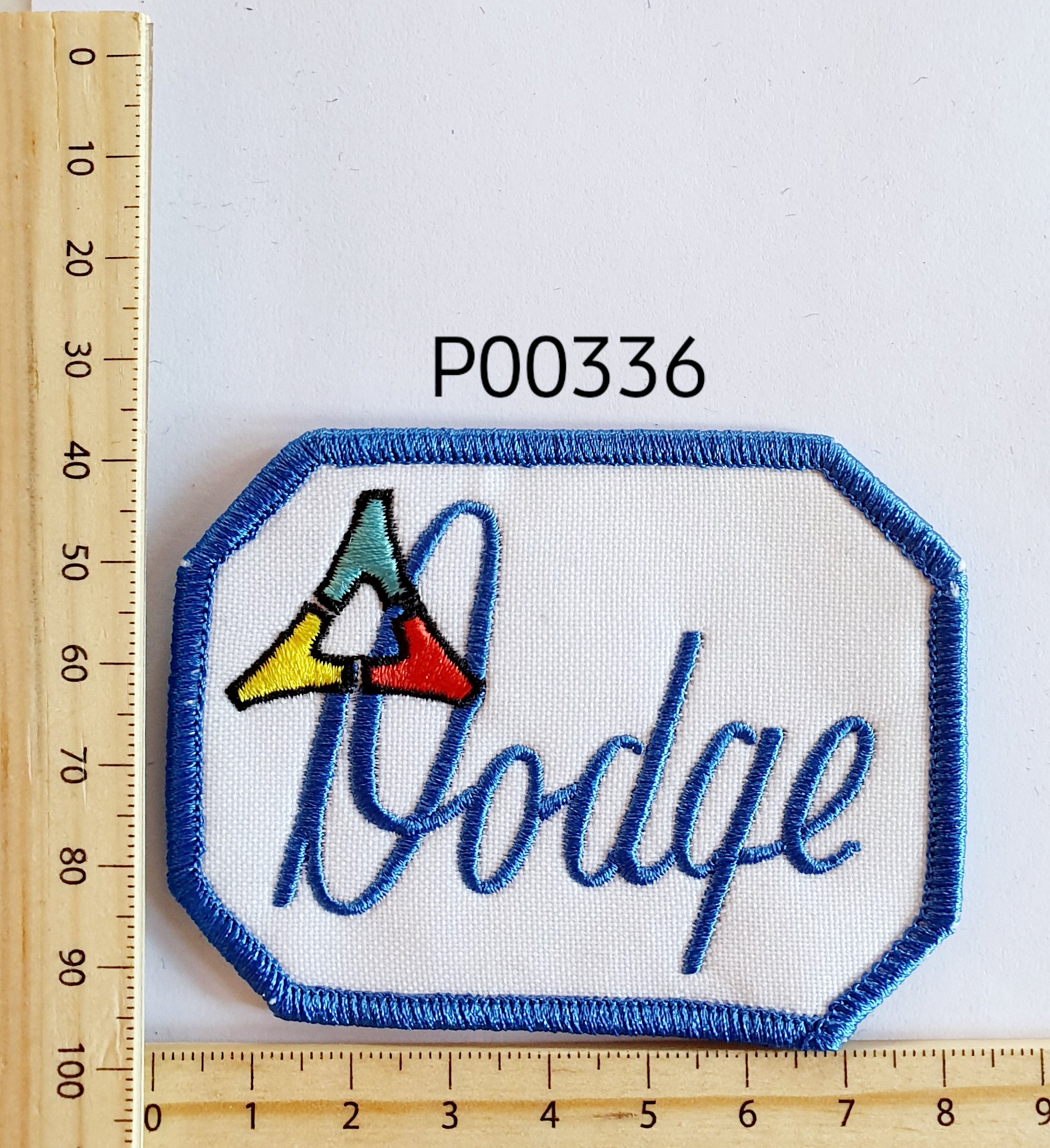 P00336 Dodge Script Blue Iron On Cloth Patch