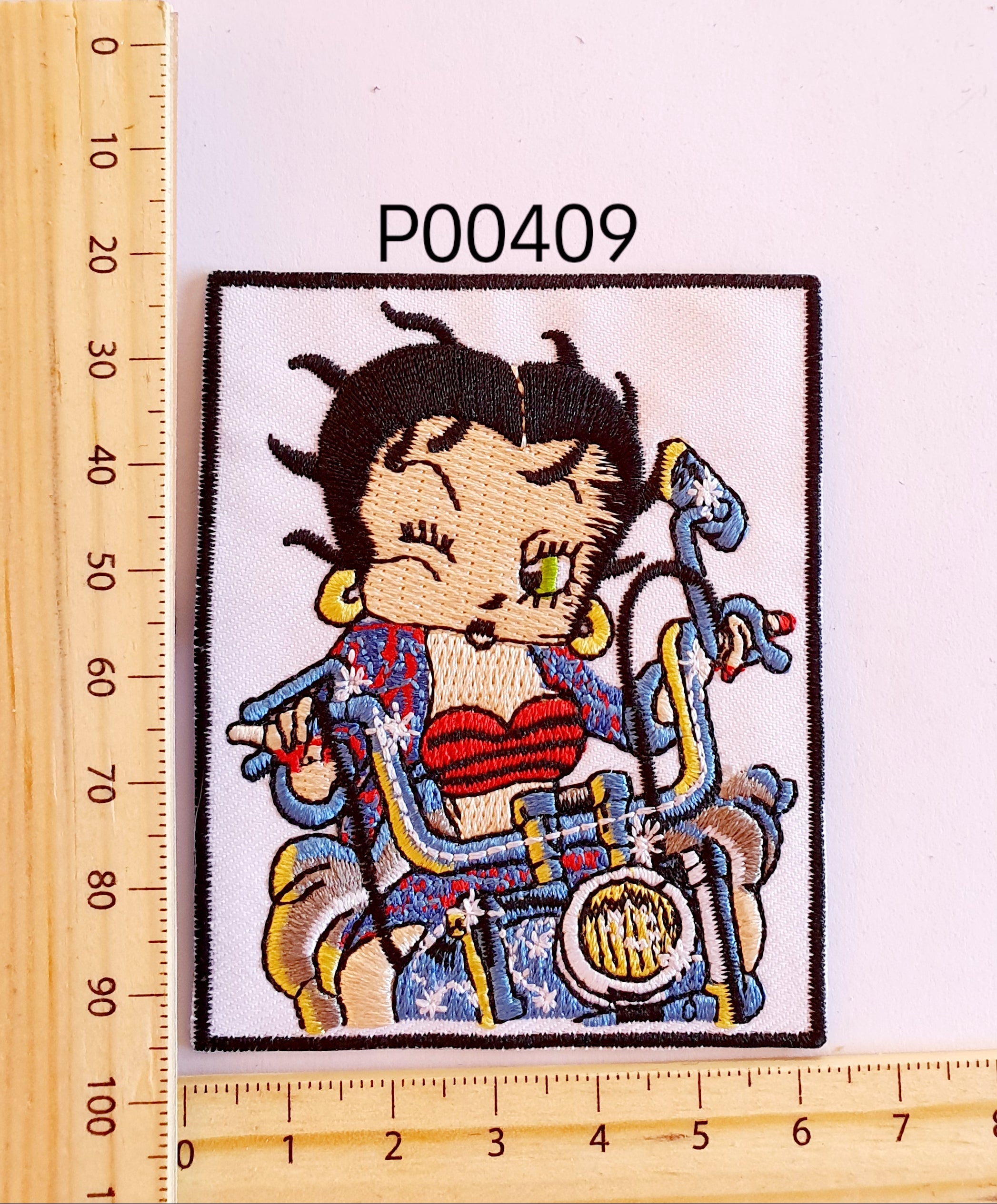 P00409 Betty Biker White Iron On Cloth Patch